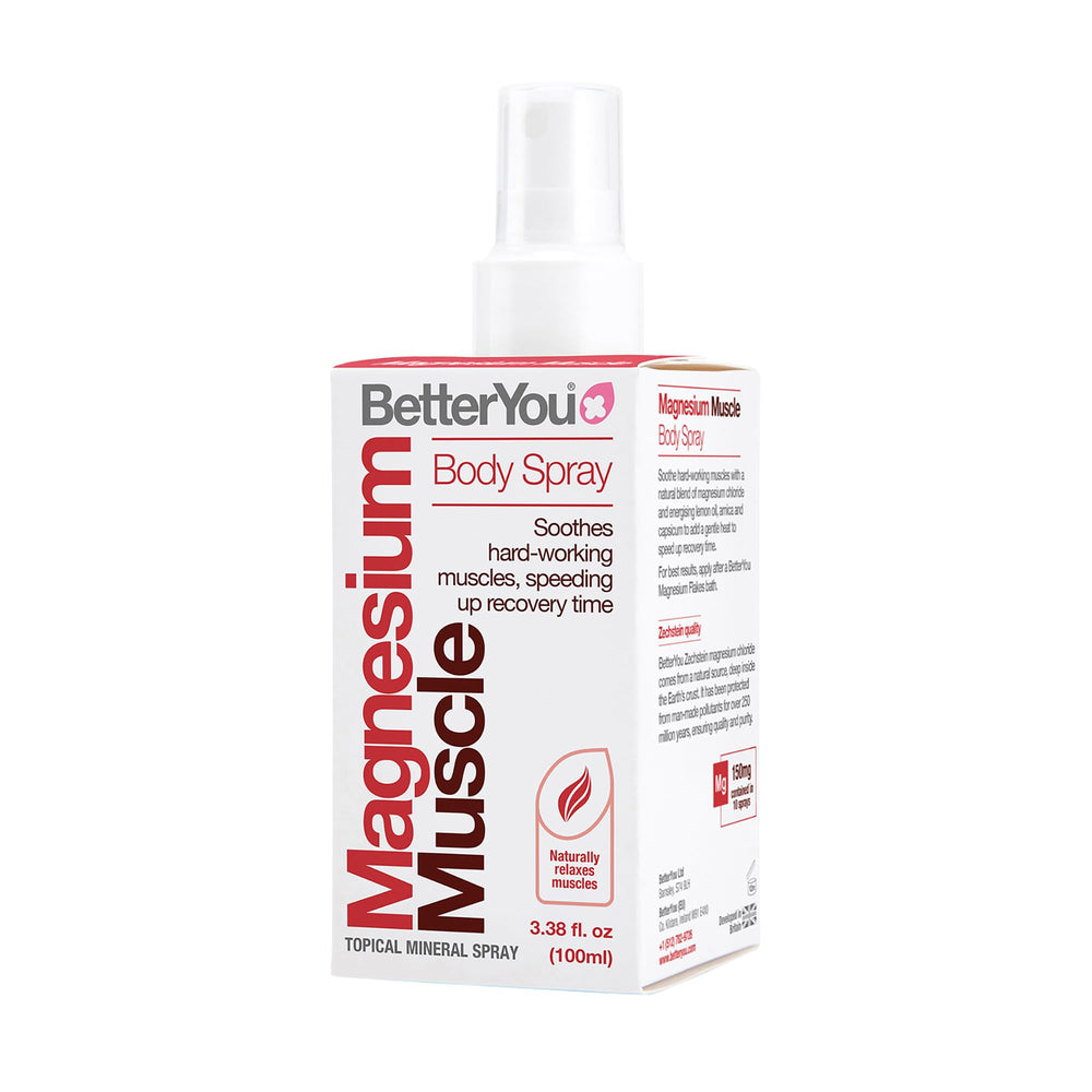 BetterYou Magnesium Muscle Spray bottle shown for post-workout relief.