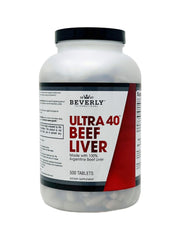 Beverly International Ultra-40 desiccated beef liver tablets in a bottle supporting natural muscle growth.
