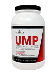 Beverly International UMP Strawberry tub front showing premium whey–casein protein for lean muscle