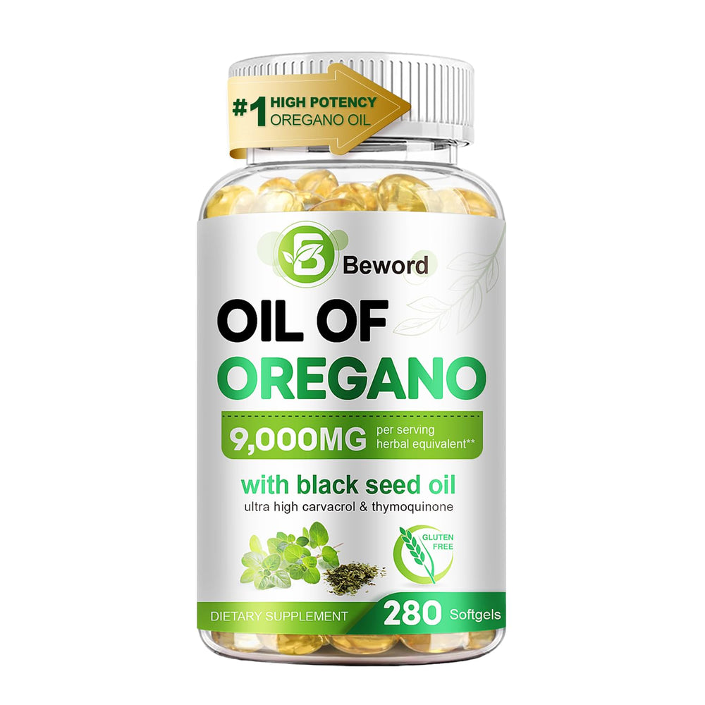BEWORD oil of oregano with black seed oil bottle showing carvacrol-rich blend for daily wellness.