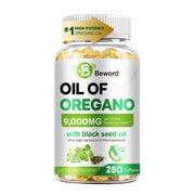 BEWORD oil of oregano with black seed oil bottle showing carvacrol-rich blend for daily wellness.