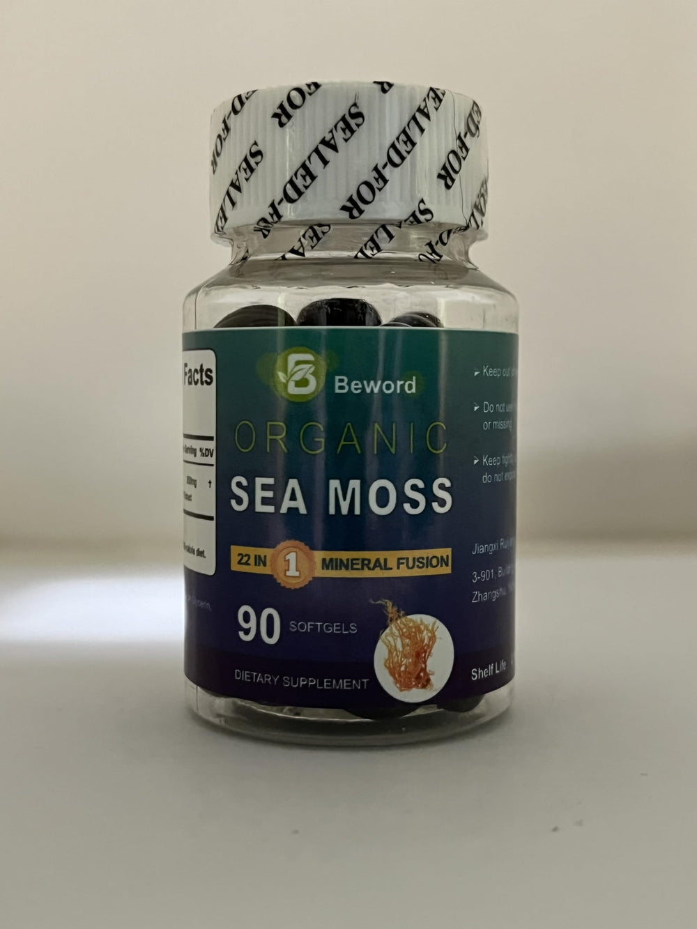 BEWORD Organic Sea Moss bottle shows 22-in-1 formula for daily minerals
