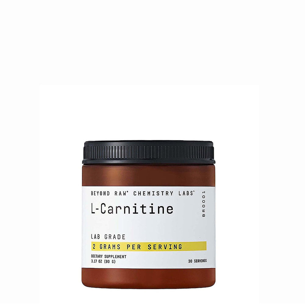 BEYOND RAW Chemistry L-Carnitine powder bottle supports energy metabolism during workouts.