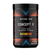 Beyond Raw Concept X powder scoop shows gummy worm formula for energized workouts.