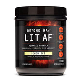 BEYOND RAW LIT Advanced pre-workout lemon ice canister front boosts training readiness