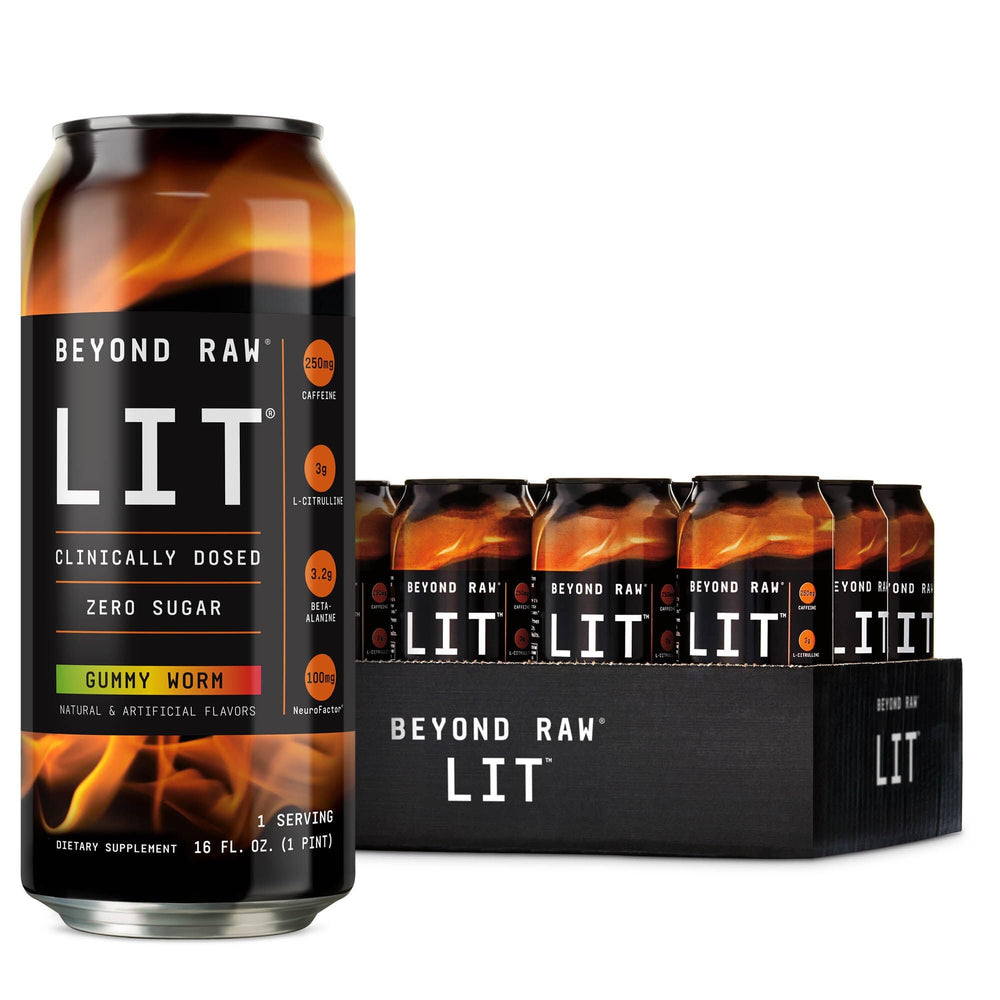 BEYOND RAW LIT On-The-Go can label showing compact pre-workout energy for gym sessions