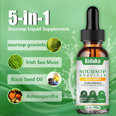 Biduka Graviola leaf extract drops close-up highlighting potent blend for daily vitality.