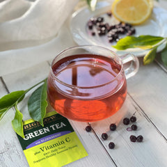 Bigelow Green Tea Elderberry Vitamin C cup steep enhances aroma during a quick break.