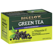 Bigelow Green Tea Elderberry Vitamin C tea bags deliver a fruity, caffeinated infusion.