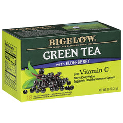Bigelow Green Tea Elderberry Vitamin C tea bags deliver a fruity, caffeinated infusion.