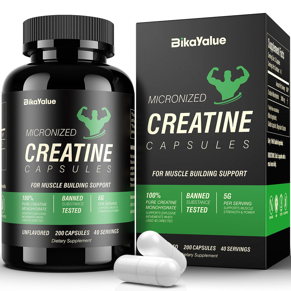 BIKAYALUE Creatine Monohydrate bottle front boosts strength on the go.