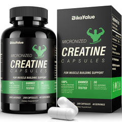BIKAYALUE Creatine Monohydrate bottle front boosts strength on the go.