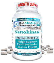 Bio Absorb Nattokinase bottle front, six-month supply for daily use