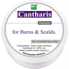 Bio India Cantharis Ointment 30g tube in use; ideal for comforting burns and minor injuries.
