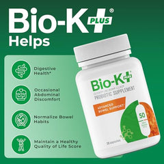 Cápsulas Bio-K Plus con 50 mil millones CFU para digestión.