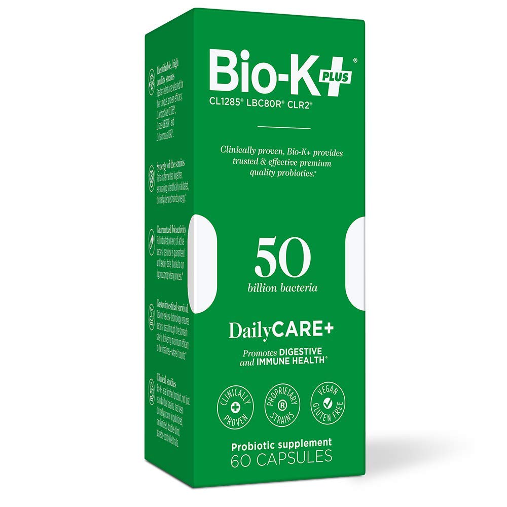 Bio-K Plus PROBIOTIC Daily 50BIL bottle on kitchen counter for daily routine.