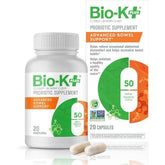 Bio-K Plus probiótico avanzado en frasco; apoyo intestinal diario.