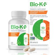 Bio-K Plus probiótico avanzado en frasco; apoyo intestinal diario.