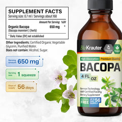 Front label on BIO KRAUTER Bacopa bottle highlights vegan, alcohol-free formula.