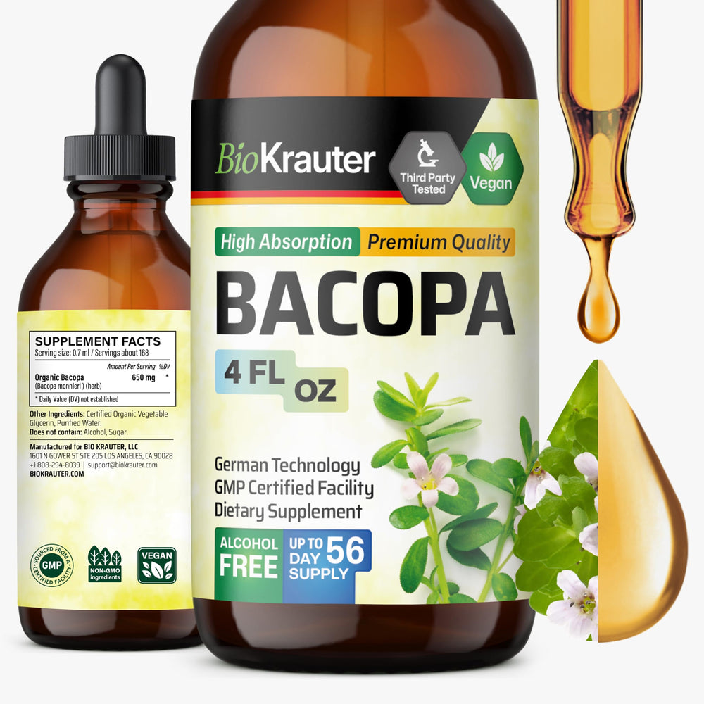 BIO KRAUTER Bacopa liquid drops bottle for easy daily dosing to support focus.