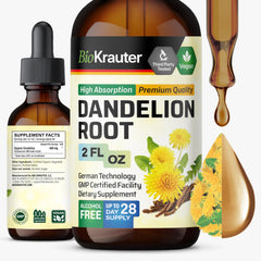 BIO KRAUTER Dandelion Root Extract bottle shows smooth, alcohol-free formula for liver support.