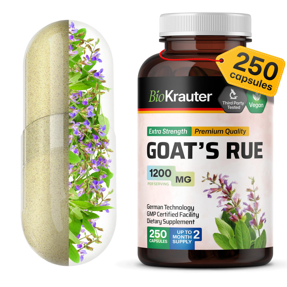 BIO KRAUTER goats rue capsules bottle—vegan, non-GMO lactation support.