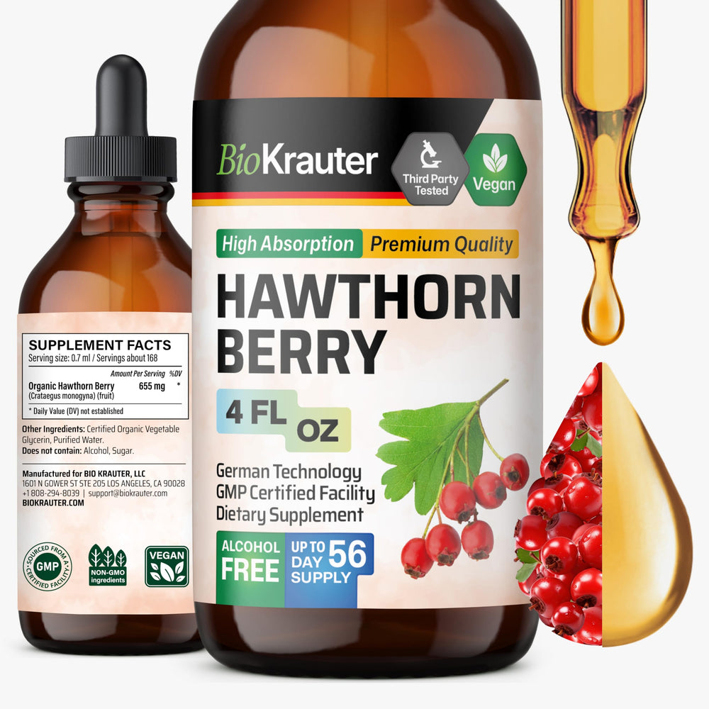 BIO KRAUTER Hawthorn Drops bottle close-up for daily wellness support.