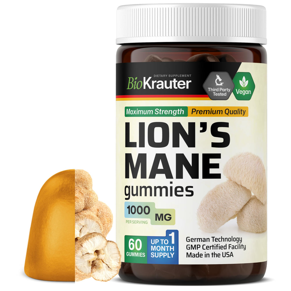 BIO KRAUTER Lions Mane bottle on a clean desk for daily brain support