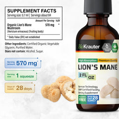 BIO KRAUTER Lions Mane liquid extract ingredients water and glycerin for smooth flavor.