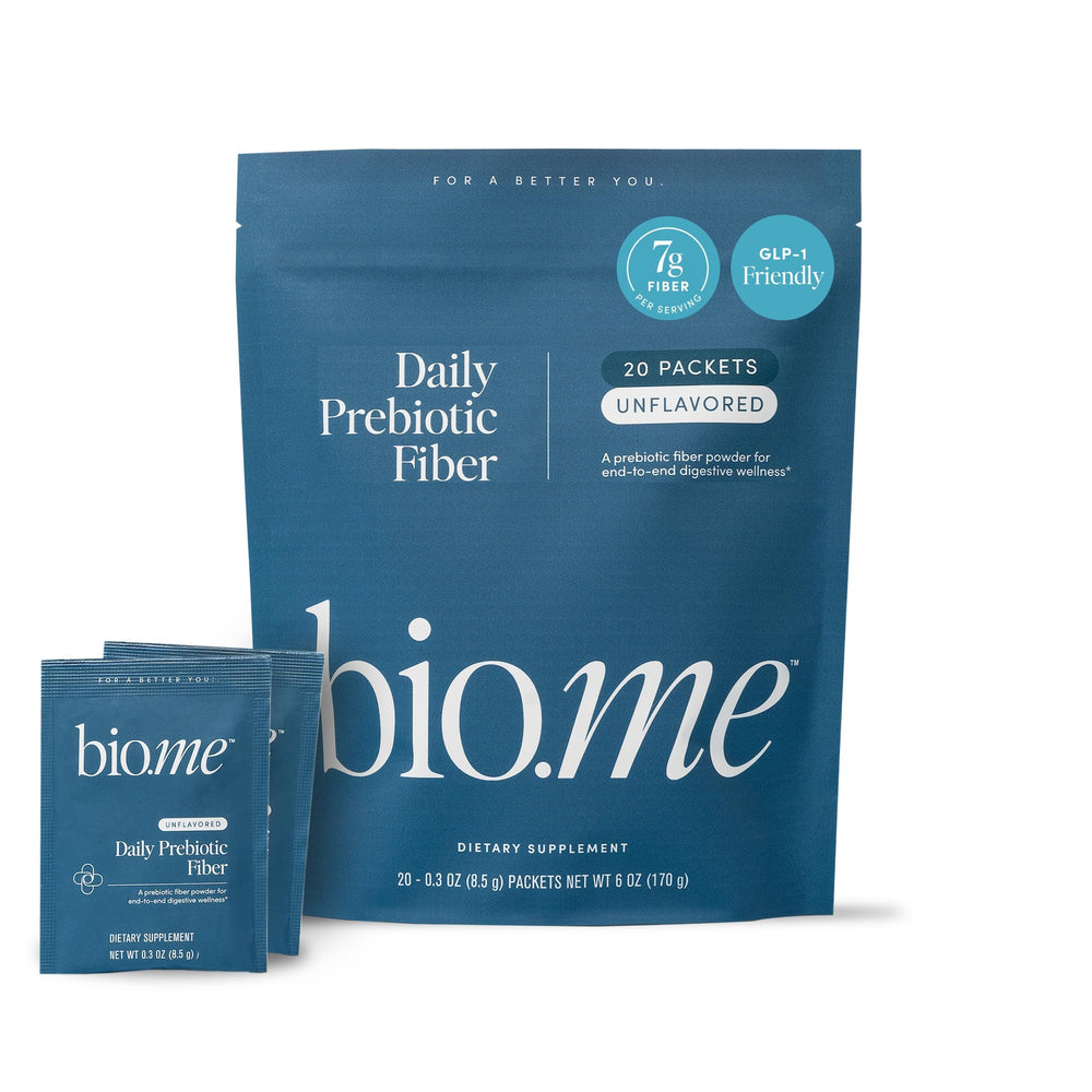 Bio.me Daily Prebiotic Fiber travel pack front for on-the-go digestive support.