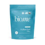 Bio.me psyllium husk fiber powder jar displays packaging and texture for daily use.