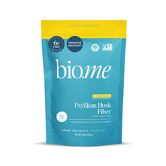 Bio.me Psyllium husk fiber powder with lemonade glass showing refreshing, fiber-rich beverage potential