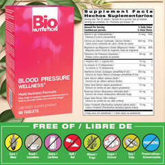 Bio Nutrition Blood Pressure Wellness Tabs label close-up showing essential nutrients for daily wellness.