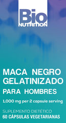 Bio Nutrition Gelatinized Black Maca packaging, Peru-origin root supplement for energy.