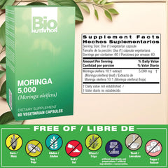 Bio Nutrition Moringa 5000 mg, cápsulas vegetarianas fáciles de incorporar.