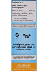 Bio Nutrition Swedish Flower Pollen Extract capsule closeup, shows standardized phytosterols and quality
