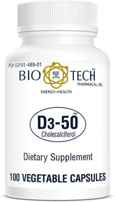 Bio-Tech Pharmacal D3-50 bottle showing 50,000 IU vitamin D3 for bone and immune support.