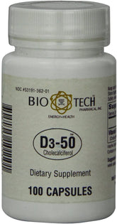 Bio-Tech Pharmacal D3-50 bottle front showing high-potency vitamin D3 for bone support