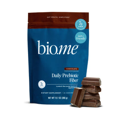 Bio.me Daily Prebiotic Fiber powder chocolate package for convenient daily gut support