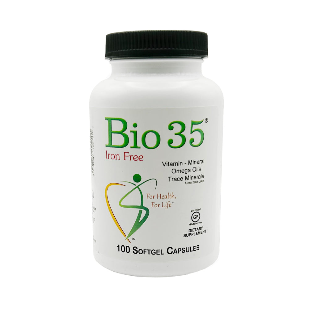 Bio-35 bottle front label signaling daily wellness with gluten- and soy-free multivitamins.