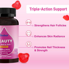 Biobor Beauty Gummies showing natural strawberry flavor and sugar-free formula