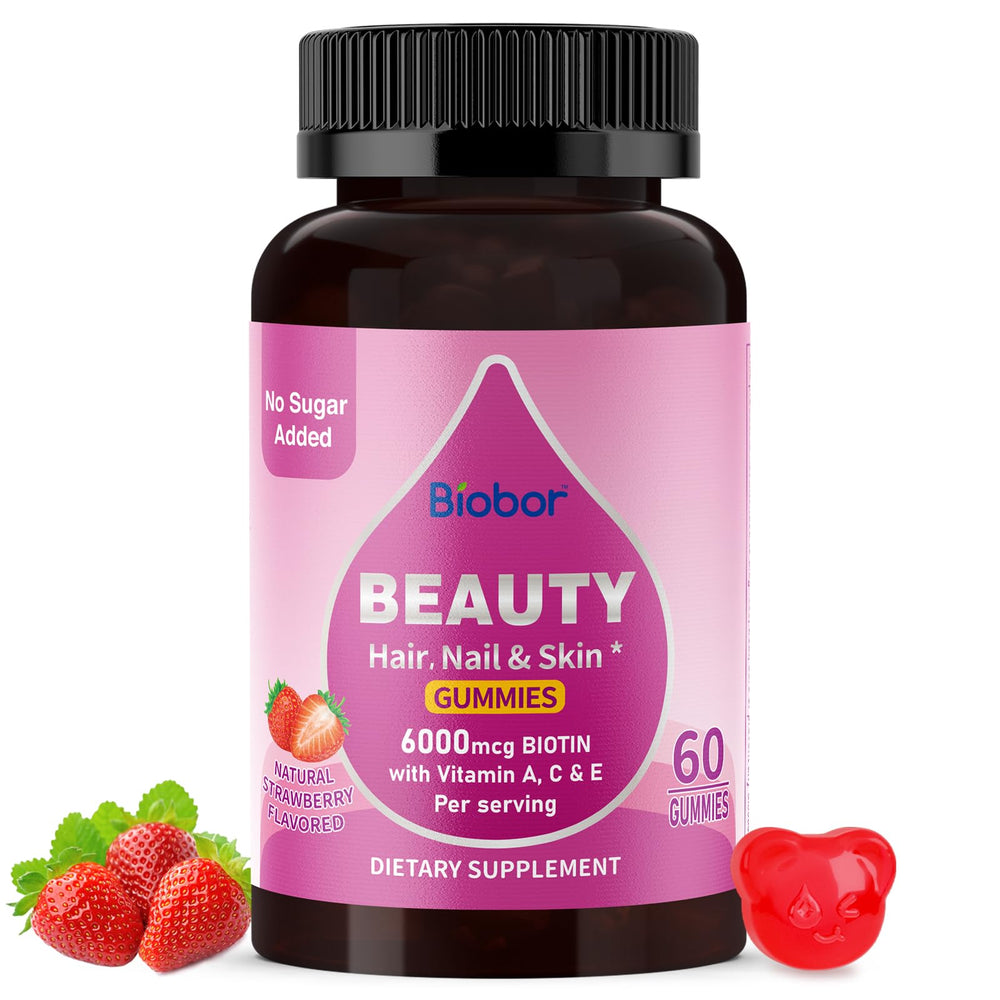 Biobor Natural Biotin Gummies bottle shown, convenient daily beauty support for hair, skin, and nails.