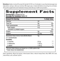 Label close-up of Biochem BCAA Peach Mango showing vegan and keto-friendly certifications.