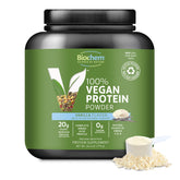 Biochem vegan protein powder bottle highlighting vanilla blend for clean plant-based protein