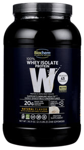 Biochem whey isolate bottle showcases natural flavor and protein profile for post-workout.