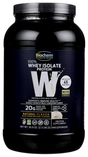 Biochem whey isolate bottle showcases natural flavor and protein profile for post-workout.