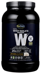 Biochem whey isolate bottle showcases natural flavor and protein profile for post-workout.