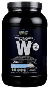 Biochem Whey Isolate Vanilla bottle showing grass-fed protein and premium packaging.