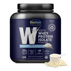 Biochem Whey Isolate Vanilla bottle emphasizes grass-fed sourcing and clean ingredients