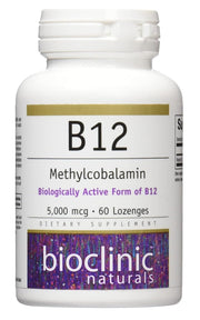 Bioclinic Naturals B12 methylcobalamin bottle with 60 lozenges for cognitive support